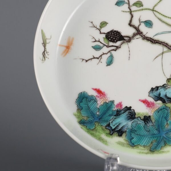 Qing Dynasty Yongzheng period powder color insect grass pattern flat foot plate - Image 4