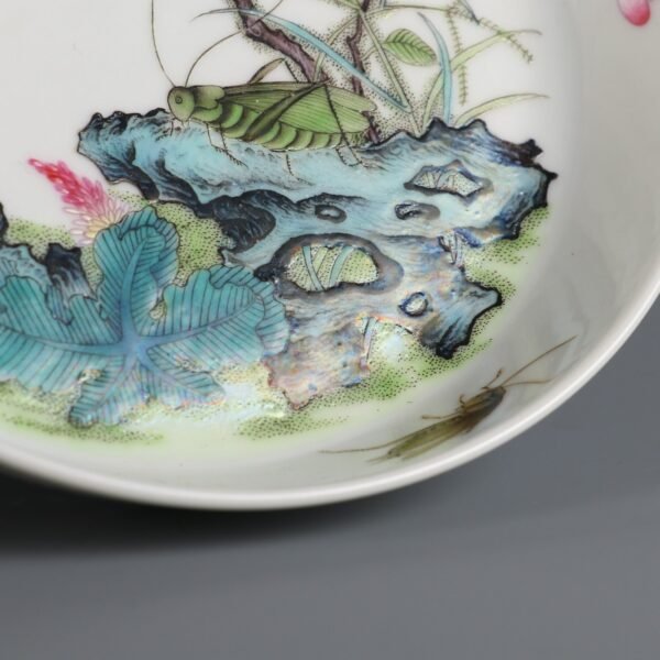 Qing Dynasty Yongzheng period powder color insect grass pattern flat foot plate - Image 7