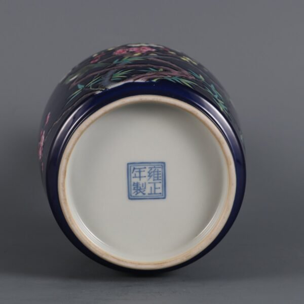 Qing Yongzheng Period Blue Ground Enamel Plum and Bird Fighting for Spring Stick Vase - Image 9
