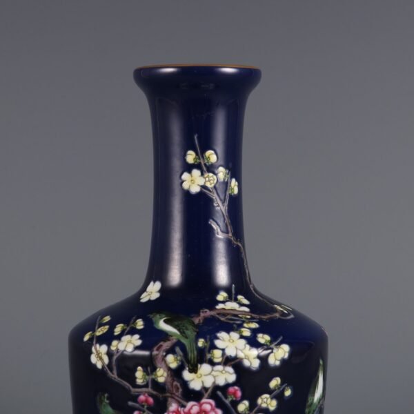 Qing Yongzheng Period Blue Ground Enamel Plum and Bird Fighting for Spring Stick Vase - Image 3