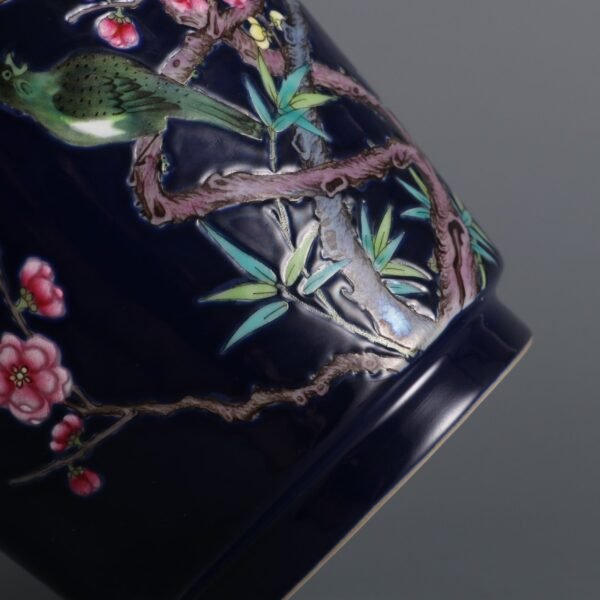 Qing Yongzheng Period Blue Ground Enamel Plum and Bird Fighting for Spring Stick Vase - Image 4