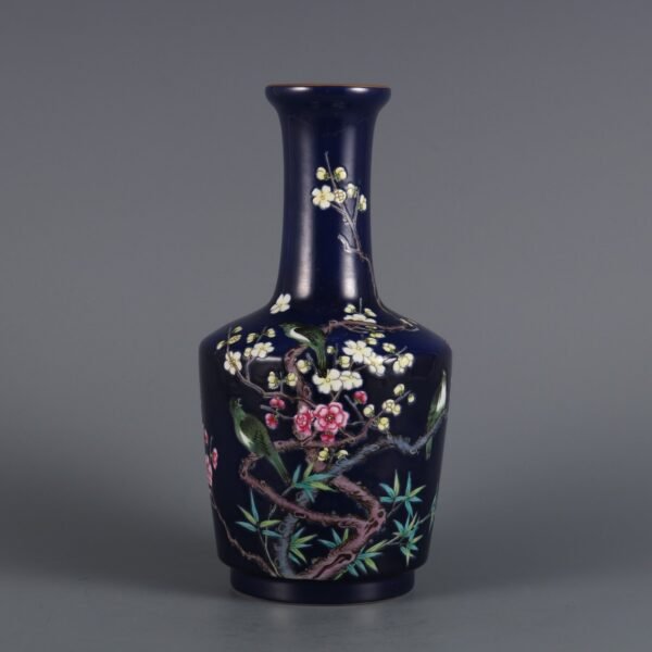 Qing Yongzheng Period Blue Ground Enamel Plum and Bird Fighting for Spring Stick Vase