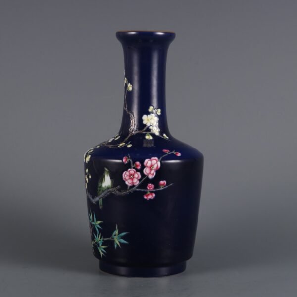 Qing Yongzheng Period Blue Ground Enamel Plum and Bird Fighting for Spring Stick Vase - Image 5
