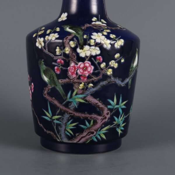 Qing Yongzheng Period Blue Ground Enamel Plum and Bird Fighting for Spring Stick Vase - Image 6