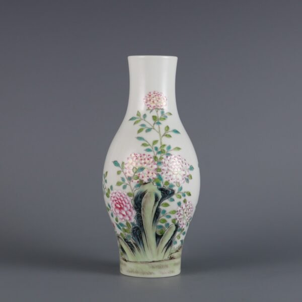 Qing Dynasty Yongzheng Period Famille Rose Peony Poem Olive Vase