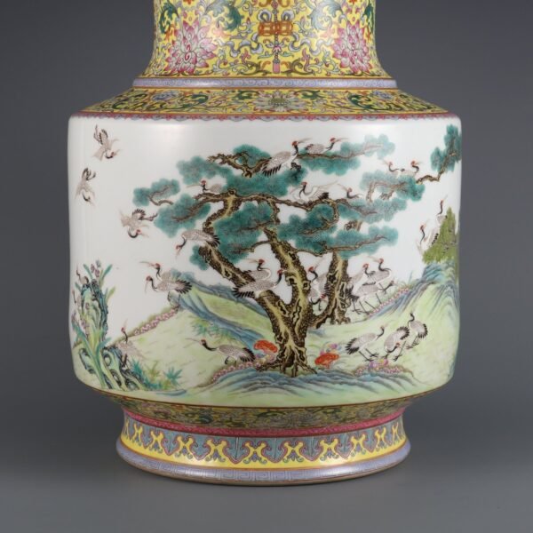 yellow ground and pink enamel painting of cranes made in the Qianlong period of the Qing Dynasty - Image 3