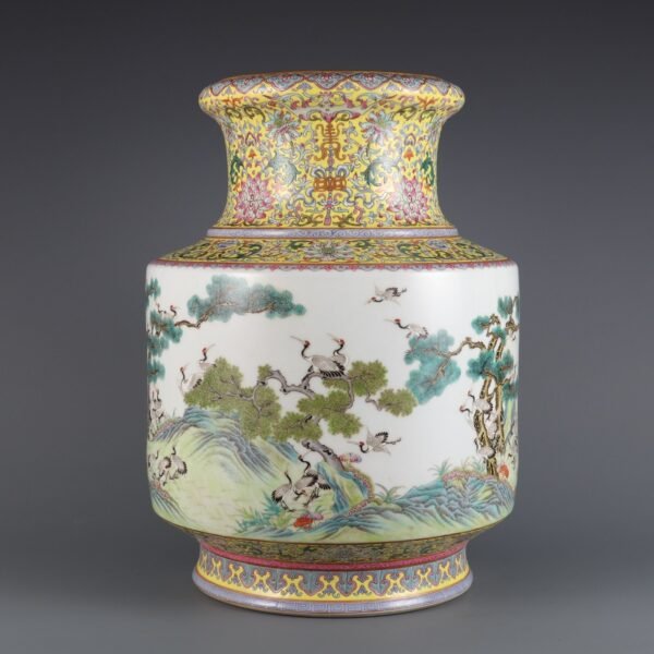 yellow ground and pink enamel painting of cranes made in the Qianlong period of the Qing Dynasty - Image 5