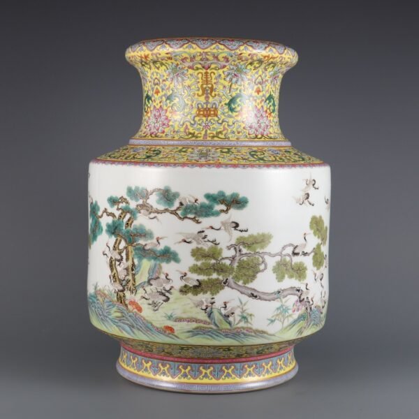 yellow ground and pink enamel painting of cranes made in the Qianlong period of the Qing Dynasty