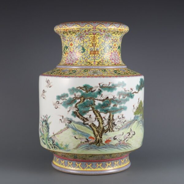 yellow ground and pink enamel painting of cranes made in the Qianlong period of the Qing Dynasty - Image 2