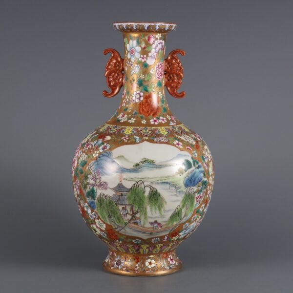 Qing Dynasty Qianlong Period Gold Ground Famille Rose Open Window Landscape Figures Blessing Ear
