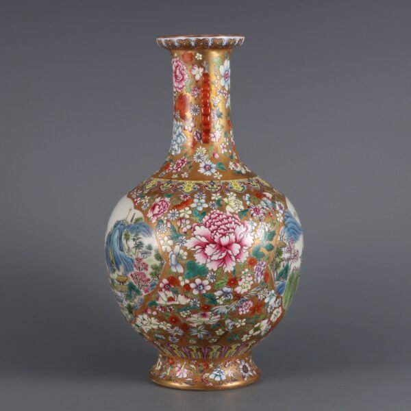 Qing Dynasty Qianlong Period Gold Ground Famille Rose Open Window Landscape Figures Blessing Ear - Image 5
