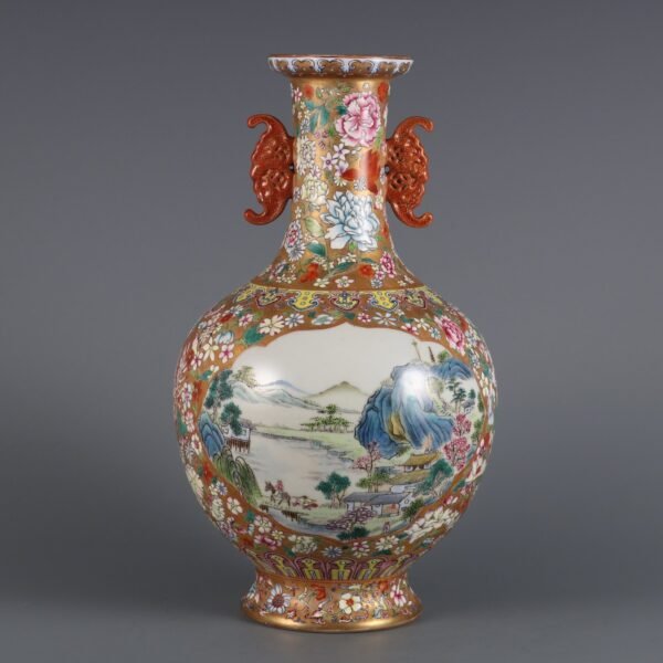 Qing Dynasty Qianlong Period Gold Ground Famille Rose Open Window Landscape Figures Blessing Ear - Image 2