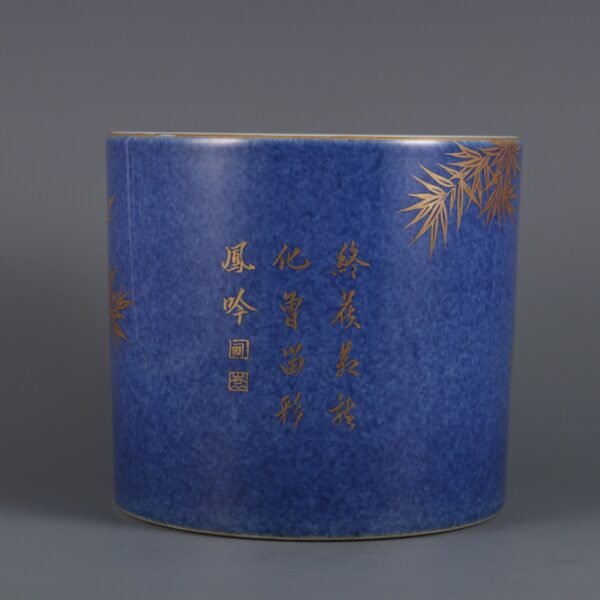 Qing Dynasty Qianlong Period Snowflake Blue Glaze Gold Bamboo and Bird Pattern Pen Holder - Image 6