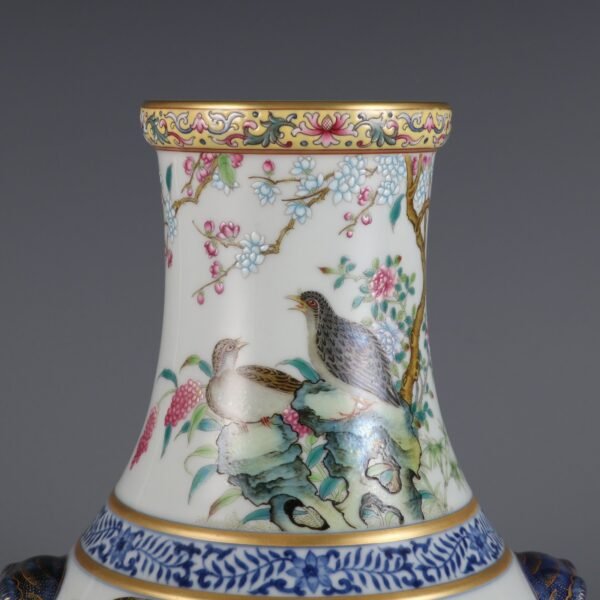Qing Dynasty Yongzheng blue and white with powder enamel live and work in peace and contentment - Image 6