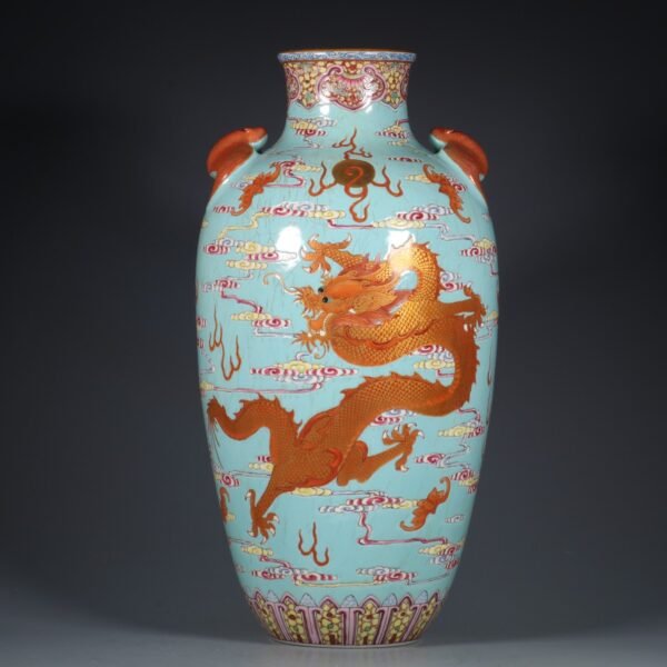 Qing Dynasty Qianlong period green ground pink enamel cloud dragon pattern Fu ear plum vase