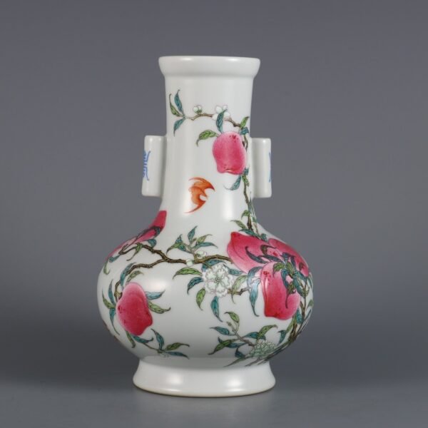 Qing Dynasty Qianlong Period Famille Rose Nine Peach Pattern Poem Guan Er Vase - Image 2