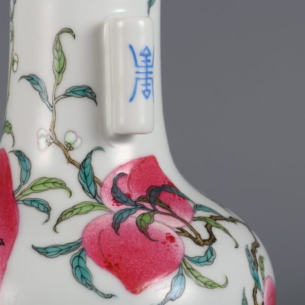 Qing Dynasty Qianlong Period Famille Rose Nine Peach Pattern Poem Guan Er Vase - Image 4