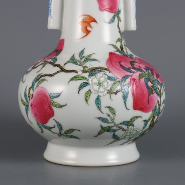 Qing Dynasty Qianlong Period Famille Rose Nine Peach Pattern Poem Guan Er Vase - Image 5