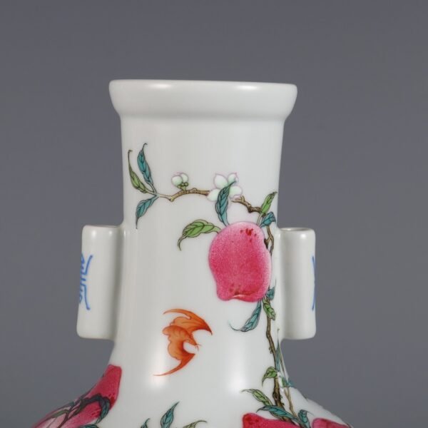 Qing Dynasty Qianlong Period Famille Rose Nine Peach Pattern Poem Guan Er Vase - Image 6