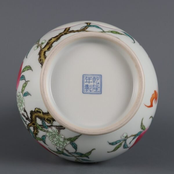 Qing Dynasty Qianlong Period Famille Rose Nine Peach Pattern Poem Guan Er Vase - Image 8
