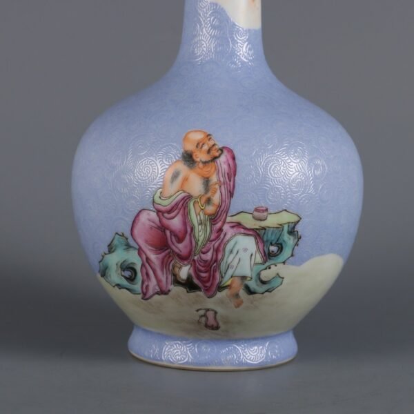 Qing Yongzheng Period Blue Ground Flower Pastel Arhat Pattern Vase - Image 4