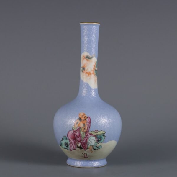 Qing Yongzheng Period Blue Ground Flower Pastel Arhat Pattern Vase