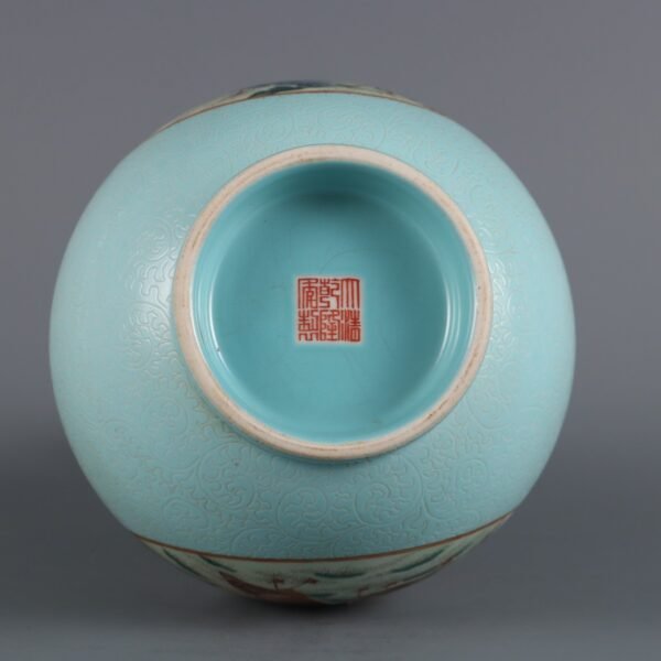 ing Dynasty Qianlong Period Green Ground Peeled Window Pink Flower and Bird Pattern Jade Pot Spring - Image 9