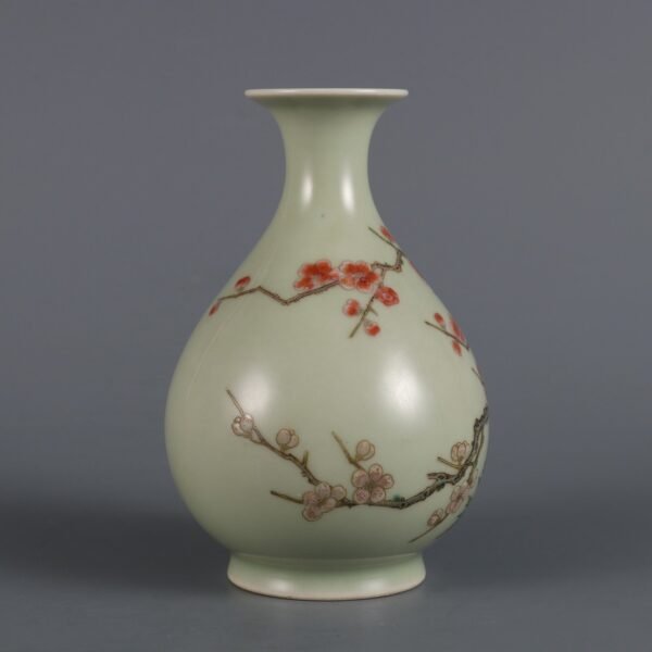 Qing Dynasty Qianlong period bean green glaze with pink peach blossom pattern jade pot spring vase - Image 2
