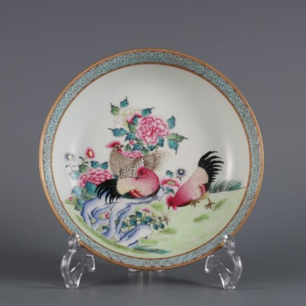 Qing Yongzheng Period Rouge Red Glaze Pastel Three Chickens Appreciation Plate