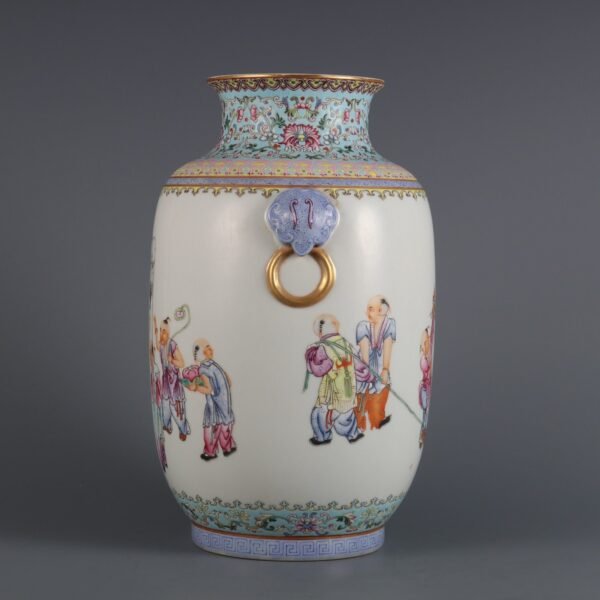 Pink enamel lantern vase with animal ears and baby play pattern