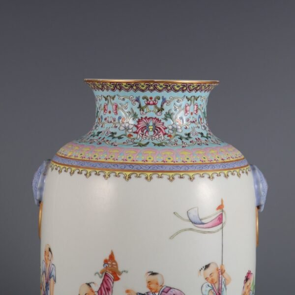 Pink enamel lantern vase with animal ears and baby play pattern - Image 3