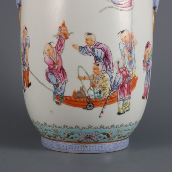 Pink enamel lantern vase with animal ears and baby play pattern - Image 4
