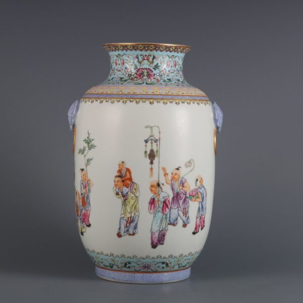 Pink enamel lantern vase with animal ears and baby play pattern - Image 6
