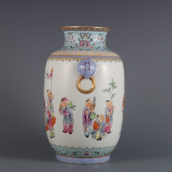 Pink enamel lantern vase with animal ears and baby play pattern - Image 8