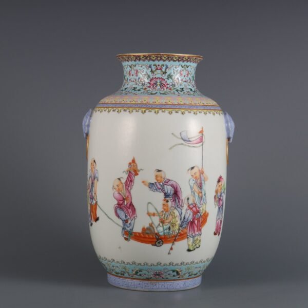 Pink enamel lantern vase with animal ears and baby play pattern - Image 9