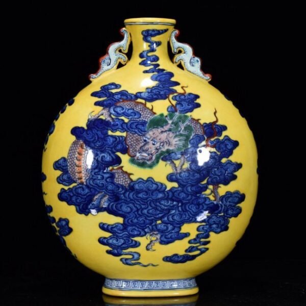 Qing Dynasty Qianlong Period Yellow Glaze Blue and White Painted Auspicious Cloud Dragon Bottle