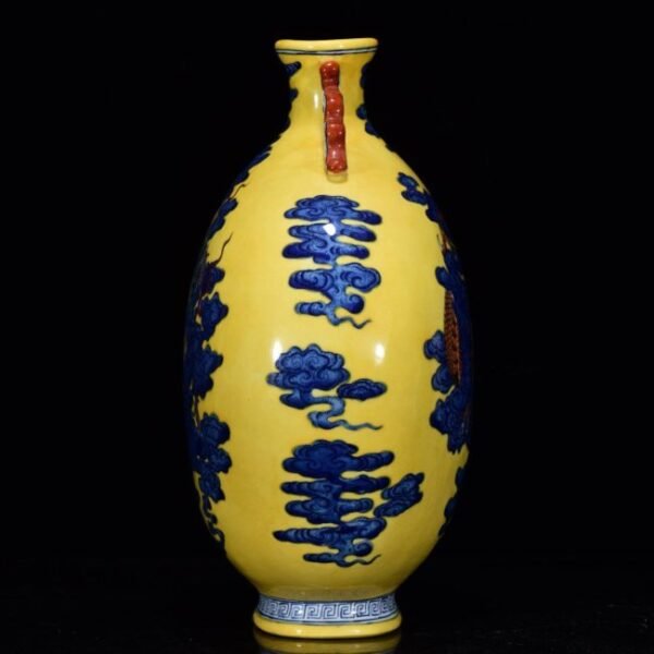 Qing Dynasty Qianlong Period Yellow Glaze Blue and White Painted Auspicious Cloud Dragon Bottle - Image 3