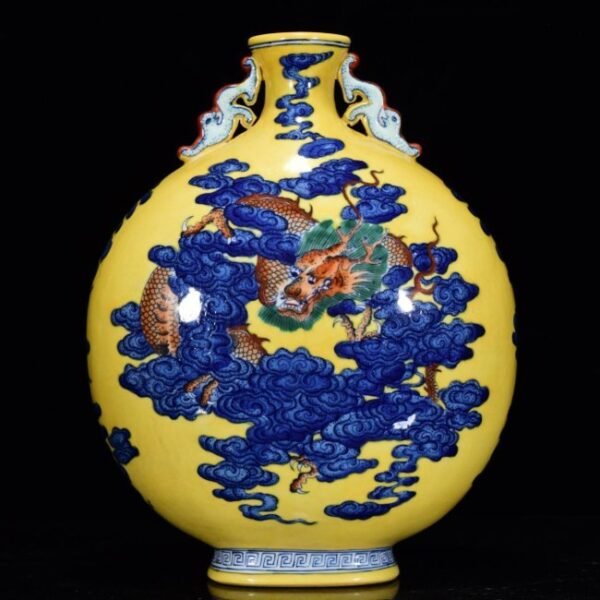 Qing Dynasty Qianlong Period Yellow Glaze Blue and White Painted Auspicious Cloud Dragon Bottle - Image 2