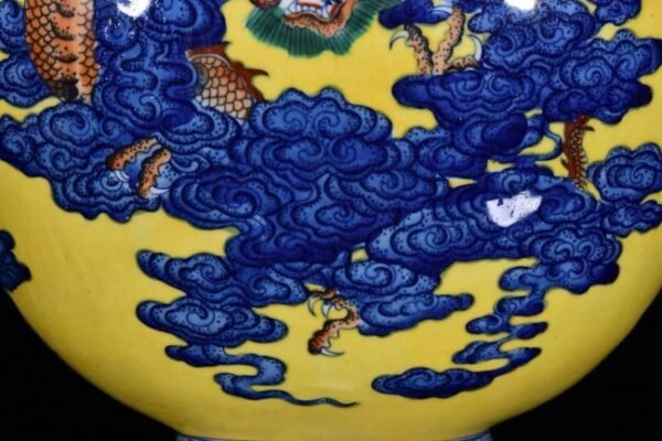 Qing Dynasty Qianlong Period Yellow Glaze Blue and White Painted Auspicious Cloud Dragon Bottle - Image 6