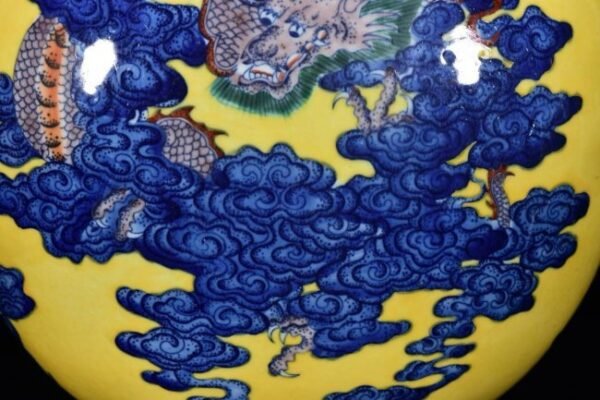 Qing Dynasty Qianlong Period Yellow Glaze Blue and White Painted Auspicious Cloud Dragon Bottle - Image 7