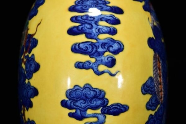 Qing Dynasty Qianlong Period Yellow Glaze Blue and White Painted Auspicious Cloud Dragon Bottle - Image 9