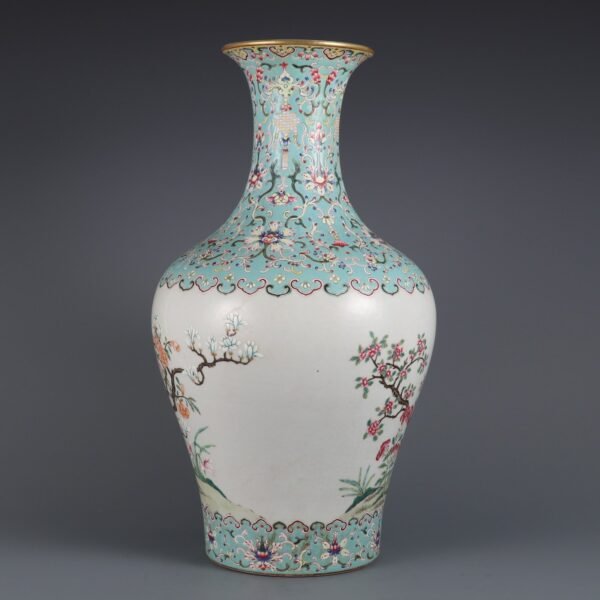 Qing Dynasty Qianlong period turquoise green ground pastel flower pattern large appreciation vase - Image 6