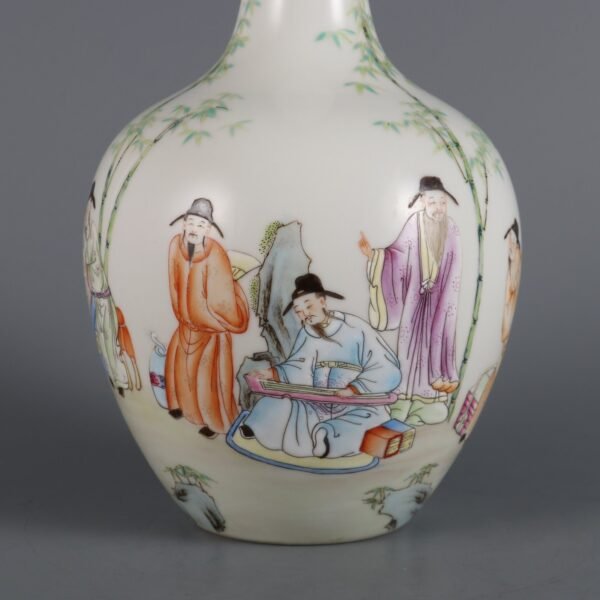 Qing Dynasty Yongzheng Period Famille Rose Bamboo Forest Seven Sages Gallbladder Vase - Image 4