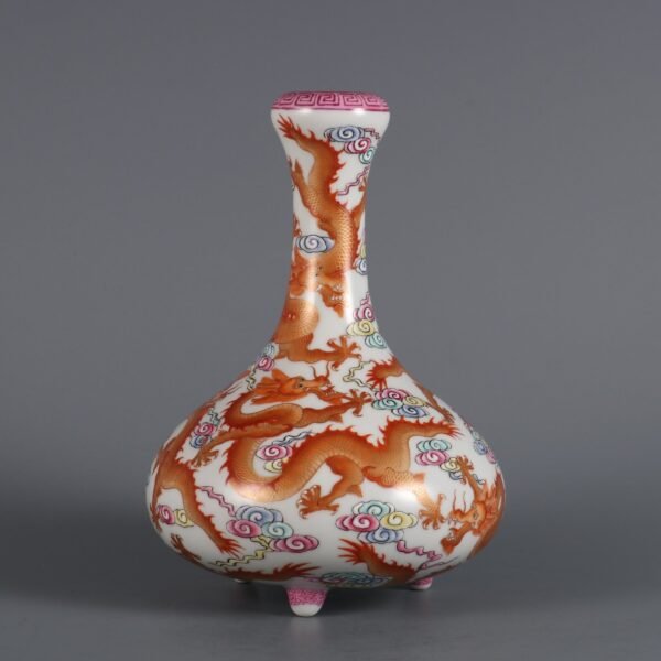 Qing Dynasty Qianlong Period Famille Rose Nine Dragon Pattern Three-legged Mustard Vase