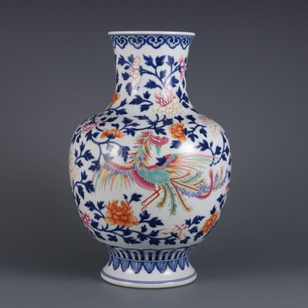 Qing Dynasty Qianlong period blue and white powder enamel double phoenix peony pattern vase
