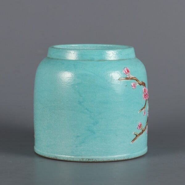 Qing Dynasty Qianlong period turquoise green glaze with colored carving of a plum blossom washbasin - Image 3