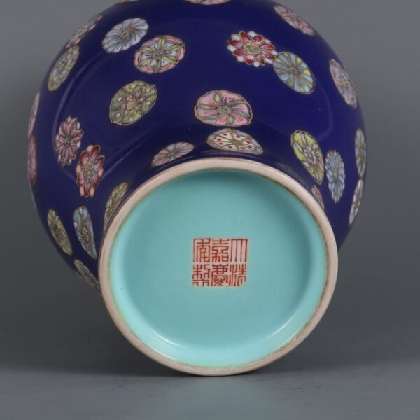 Qing Jiaqing Year Blue Glaze Pastel Gold Ball Flower Ribbon Olive Vase - Image 9