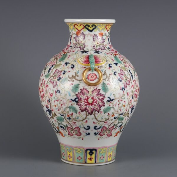 Qing Dynasty Qianlong period blue and white with pink double phoenix play flowers blessing ear vase - Image 2