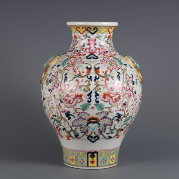 Qing Dynasty Qianlong period blue and white with pink double phoenix play flowers blessing ear vase