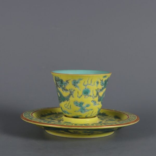 Qing Dynasty Qianlong Period Yellow Ground Green Color Double Dragon Holding Longevity Cup - Image 3